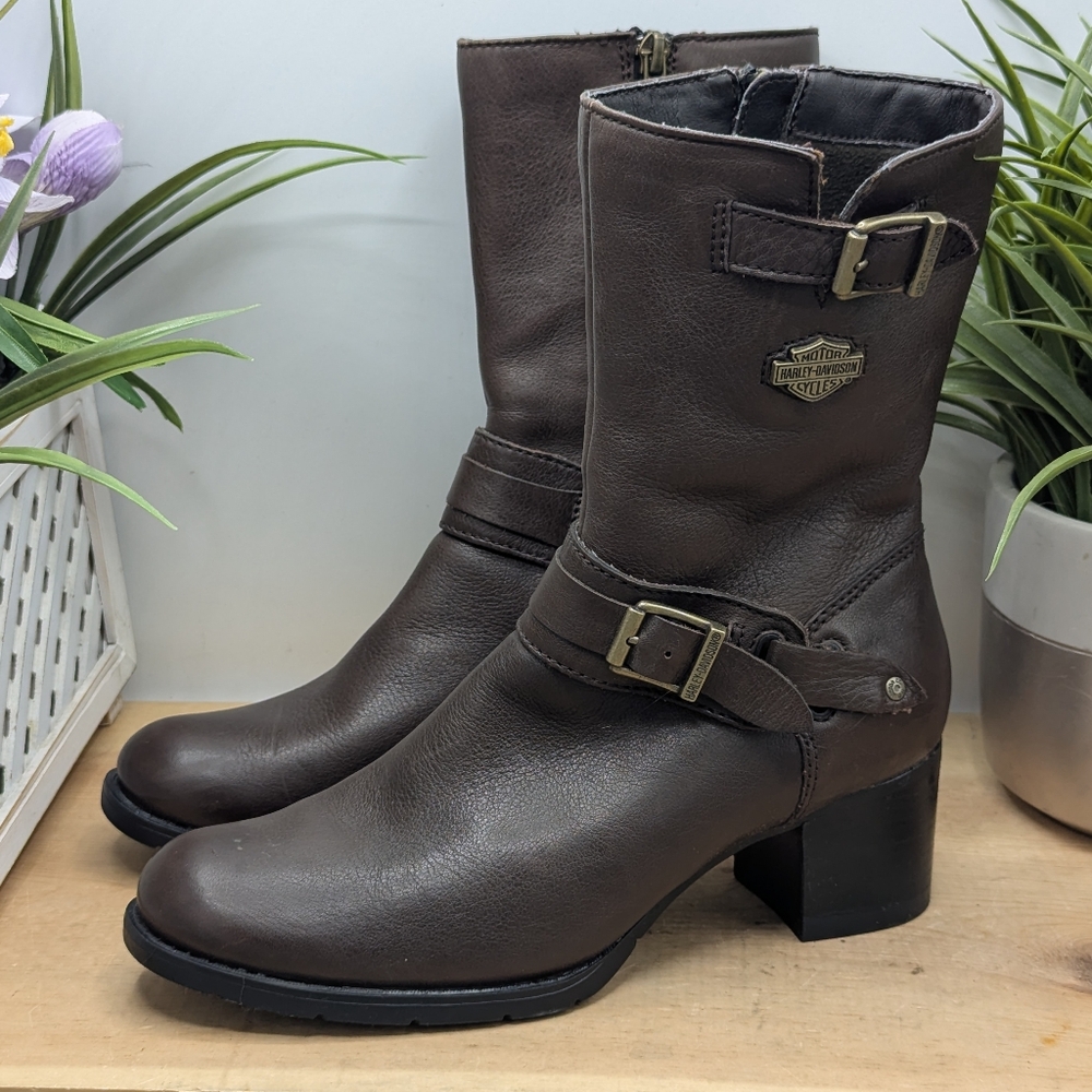 Harley-Davidson Serina Heeled Dress Boots Women's Size 7.5 Brown Leather Zip Up